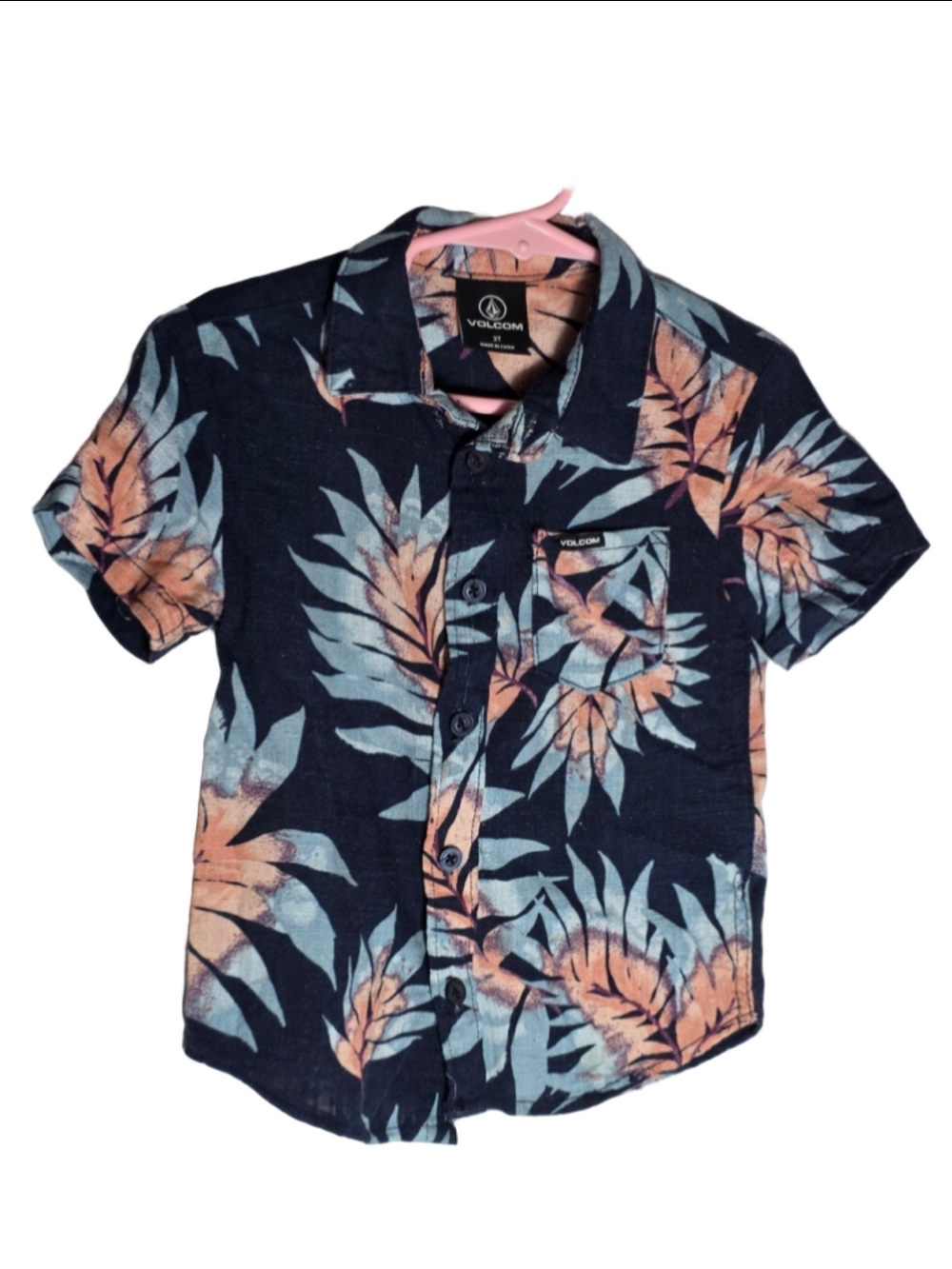 Boys Volcom Button Down Shirt 3T Navy Peach Tropical Leaf Print beach travel